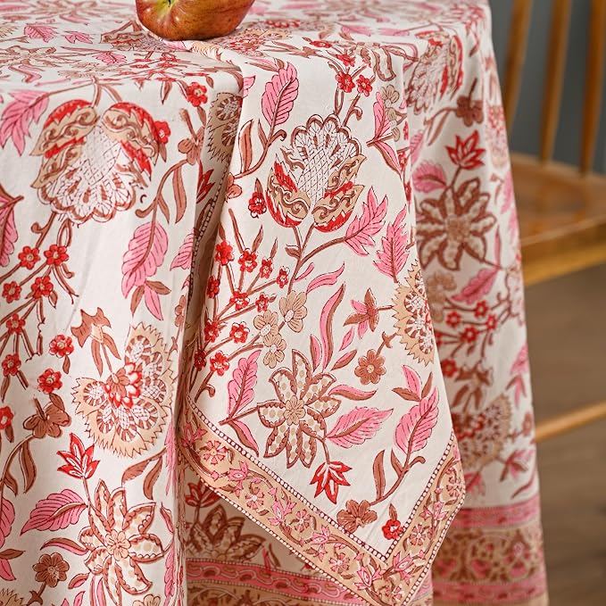Hand Block Printed Tablecloth – Colorful Floral Print | 100% Cotton | Indian Artisan Handmade Art | Dining Room, Kitchen, Outdoor Décor, (Pink Meadow Bloom, 4 Seater 60 Inches Round)