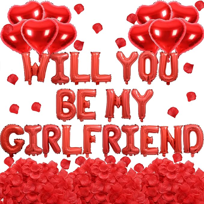 2 Set Red Will You Be My Girlfriend Balloons - 42pcs 16" Letter Balloons 1200pcs Red Artificial Rose Petals 10pcs 18" Heart Balloon Alphabet Foil Mylar Balloon for Valentines Day Decorations