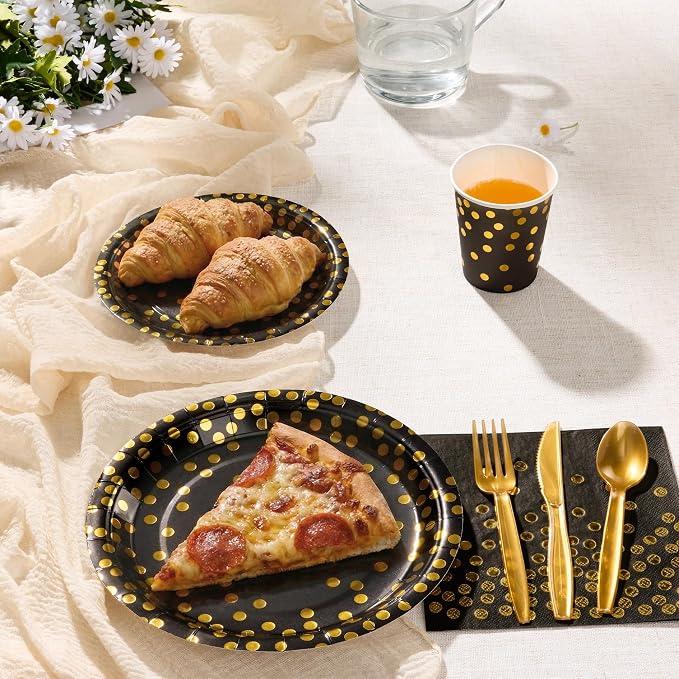 Goodlluck 175PCS Black Gold Foil Polka Dot Disposable Party Tableware Set, 25 Guests | 9" & 7" Golden Dot Disposable Paper Plates, 9oz Cups, Napkins & Gold Cutlery for Birthday, Glam Events