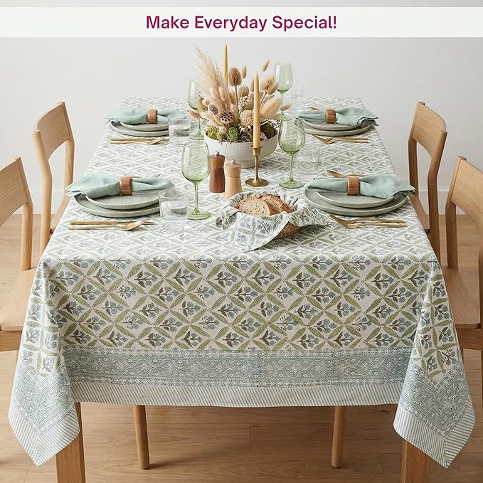 ATOSII Netta Green 100% Cotton Rectangle Spring Summer Tablecloth, Handblock Floral Print Linen Table Cloth for Kitchen Dining I Parties, Weddings, Outdoors, Easter Decor 60 X 90 Inches, 6 Seater