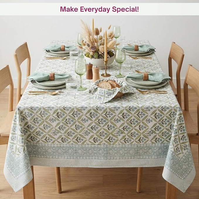 ATOSII Netta Green 100% Cotton Rectangle Spring Summer Tablecloth, Handblock Floral Print Linen Table Cloth for Kitchen Dining I Parties, Weddings, Outdoors, Easter Decor 60 X 108 Inches, 8 Seater
