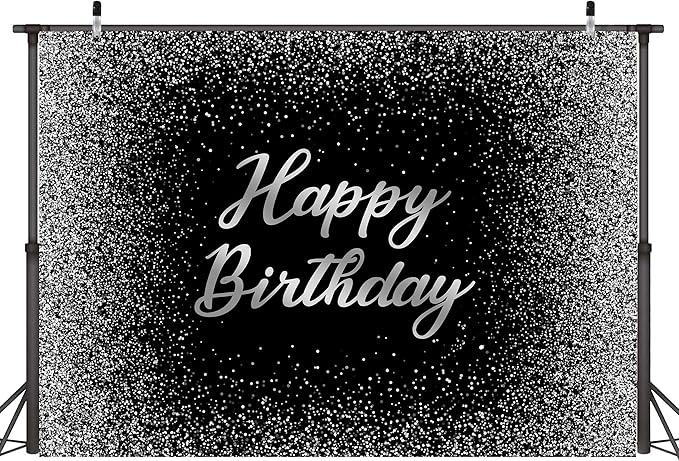 Birthday Photography Backdrop 10 x 8 ft Black and Silver Glitter Spots Happy Birthday Background Sign Cake Table Decorations Banner for Women Men Adults Kids Birthday Party Supplies