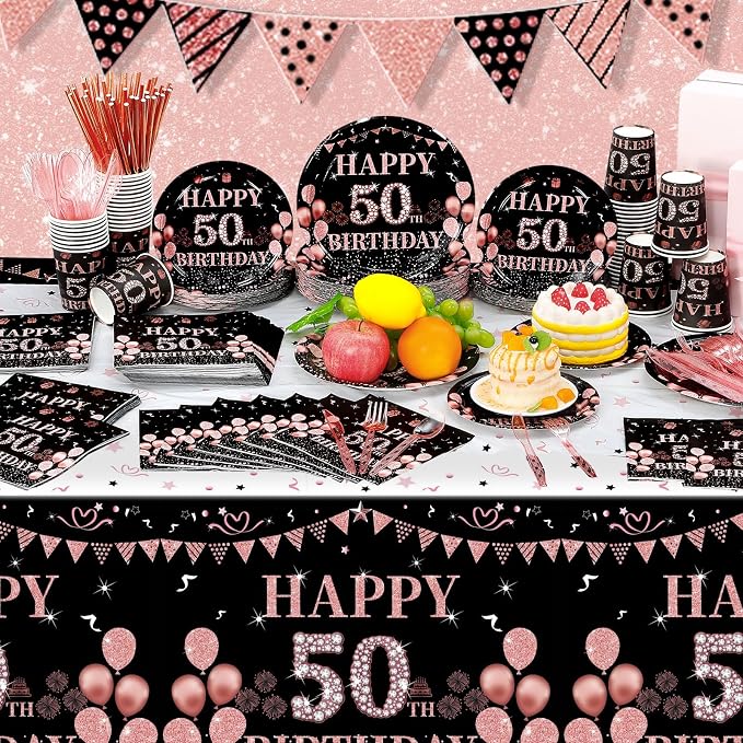 Funnymoom 452 Pcs 50th Birthday Decorations for Women Black and Rose Gold 50th Birthday Paper Plates Cups Napkins Tablecloth Cutlery Straws for Girls Women 50 Year Old Party Supplies for 50 Guests