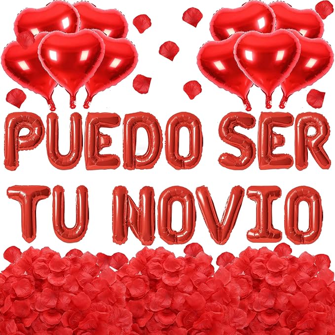 2 Set Red PUEDO SER TU NOVIO Balloons - 1200pcs Red Artificial Rose Petals 30pcs 16" Letter Balloon 10pcs 18" Heart Balloons Alphabet Foil Mylar Balloon for Valentines Day Decorations