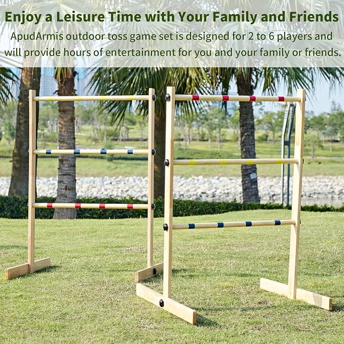 ApudArmis Ladder Toss Game Set, 35x26In Pine Wooden Golf Ladder Lawn Game with 6 Bolos Balls and Carrying Case - Outdoor Backyard Game for Teens Adults Family（New Version Sturdy Bolts）