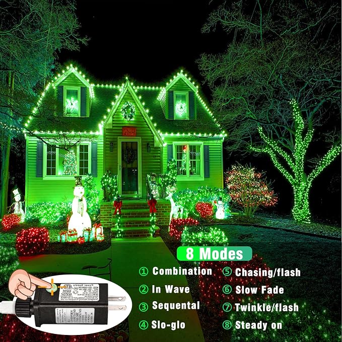 Vivideal 500 LED String Lights Indoor, 165ft Green St Patricks Day Lights Clear Wire 8 Modes Waterproof Plug in Christmas Lights with Timer Memory for Room Tree Party Decorations