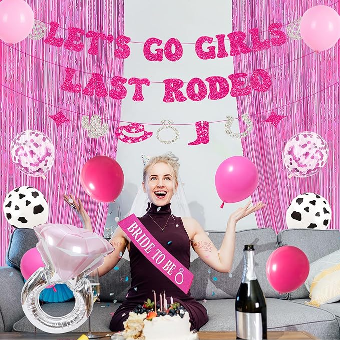 Roetyce Last Rodeo Bachelorette Party Decorations, Pink Bride To Be Sash Veil Fringe Curtain, Let's Go Girls Banner Balloons Temporary Tattoos Kit, Cowgirl Western Bridal Shower Wedding Decorations