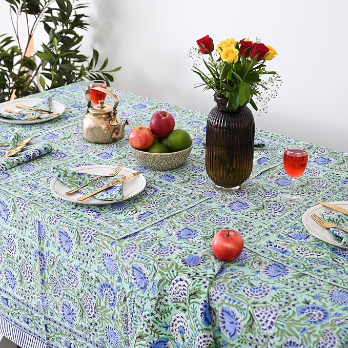 Hand Block Printed Tablecloth, Colorful Floral Print, Indian Artisan Handmade Art, Dining Room, Kitchen, Outdoor Décor, (Mint Green Blue, 16 Seater 72 x 190 Inches Rectangle)