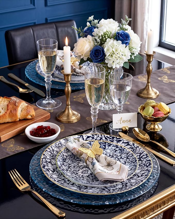 Hioasis 60pcs Plastic Disposable Plates Set - Blue & White Floral Pattern with Gold Rim, 10.25 Dinner & 7.5 Dessert Plates for Wedding,Anniversary,Party and Holiday