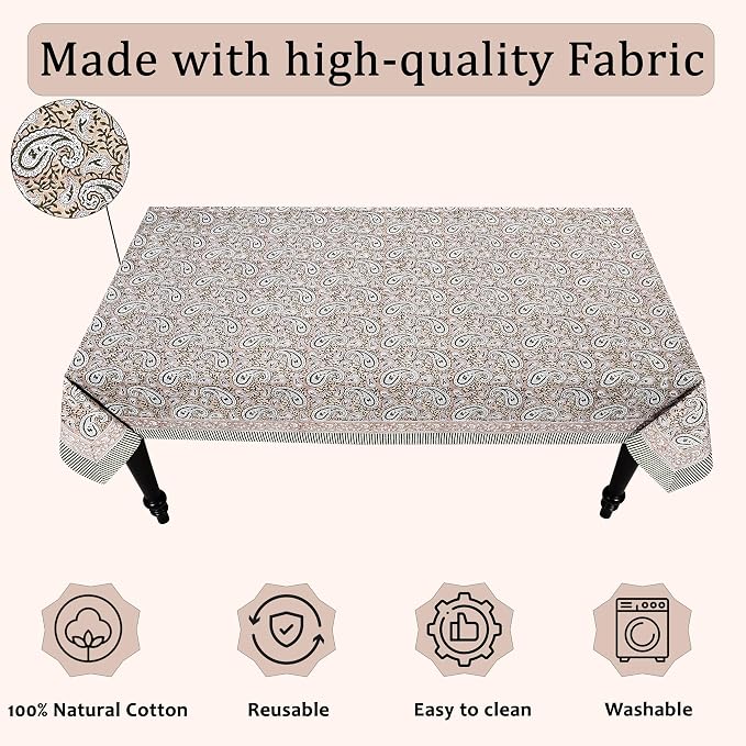 Ridhi Royal Beige Hand Block Print Cotton Rectangle Tablecloth 108" x 70" inches Reusable Table Cover Decorative Everyday Use for Dining Room, Farmhouse, Home Gift for Spring, Mother's Day