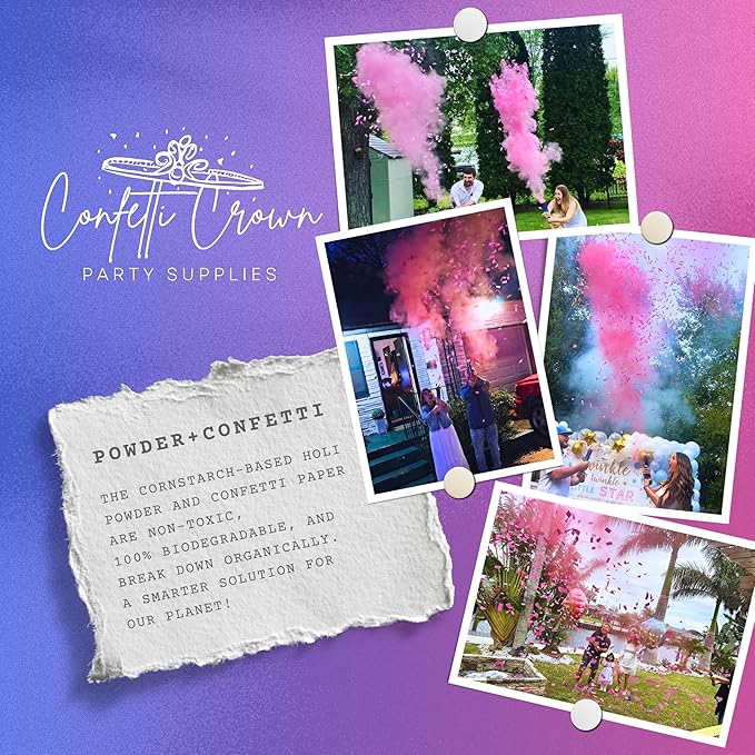 Confetti Crown Baby Gender Reveal Confetti Powder Cannon | 12” [PACK OF 2 Pink] - 100% Biodegradable Confetti & Powder Smoke (Pink)