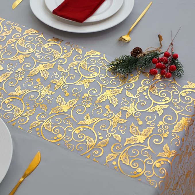 Snowkingdom 2 PCS Gold Table Runner 108 Inches Long, Gold Pinecone Flower Floral Table Decor for Winter Holiday Dining Kitchen Party New Year Home Decorations