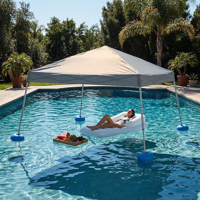 SUNJOY 10x10 FT Floating Pool Canopy Pop Up Gazebo, Grey Water Tent with Steel & Aluminum Frame, PVC Floats, Hand Pump & Carry Bag for Lake, Beach, Pool