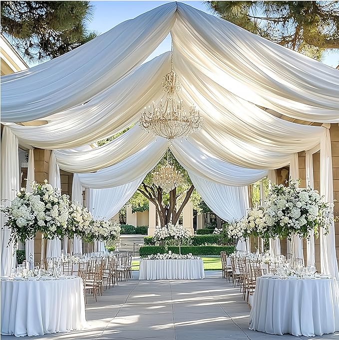 6Panels White Wedding Drapes, 5ftx20ft Wrinkle Free Tent Draping Curtains, Fabric Canopy Ceiling Drapes for Ceremony Birthday Theme Parties with Rod Pocket
