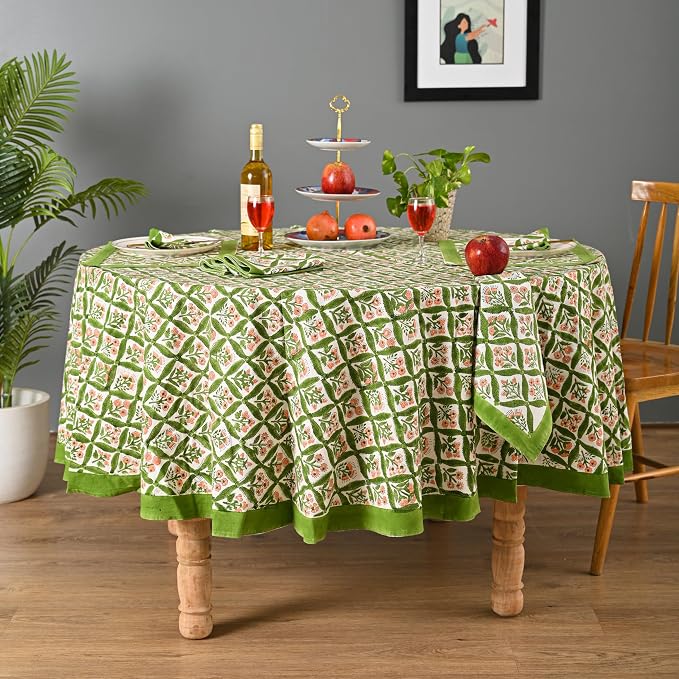 Hand Block Printed Tablecloth – Colorful Floral Print | 100% Cotton | Indian Artisan Handmade Art | Dining Room, Kitchen, Outdoor Décor, (Fresh Green Leaves, 8 Seater 90 Inches Round)