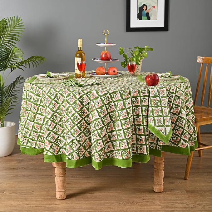 Hand Block Printed Tablecloth – Colorful Floral Print | 100% Cotton | Indian Artisan Handmade Art | Dining Room, Kitchen, Outdoor Décor, (Fresh Green Leaves, 4 Seater 60 Inches Round)