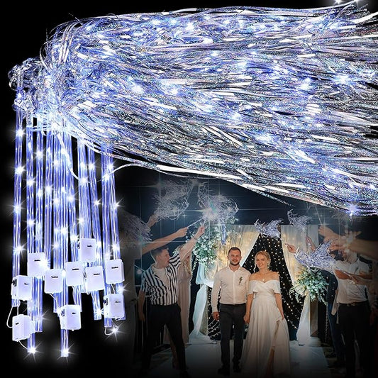 Simgoing 48 Pcs Lighted Wedding Fairy Wands LED Foil Tinsel Wedding Sticks LED Light Up Stick Glow in The Dark Flashing Wands Sparklers for Birthday Party Favors(Silver)