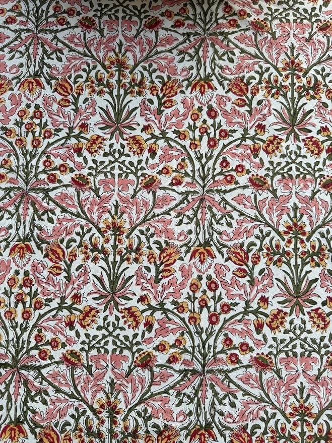 Ridhi Round Tablecloth Hand Block Print 100% Cotton Reusable Sassy Salmon and Emerald Green 60 Inch Table Cover Decorative Everyday Use for Dining, Home, Farmhouse Gift for Spring, Mother's Day