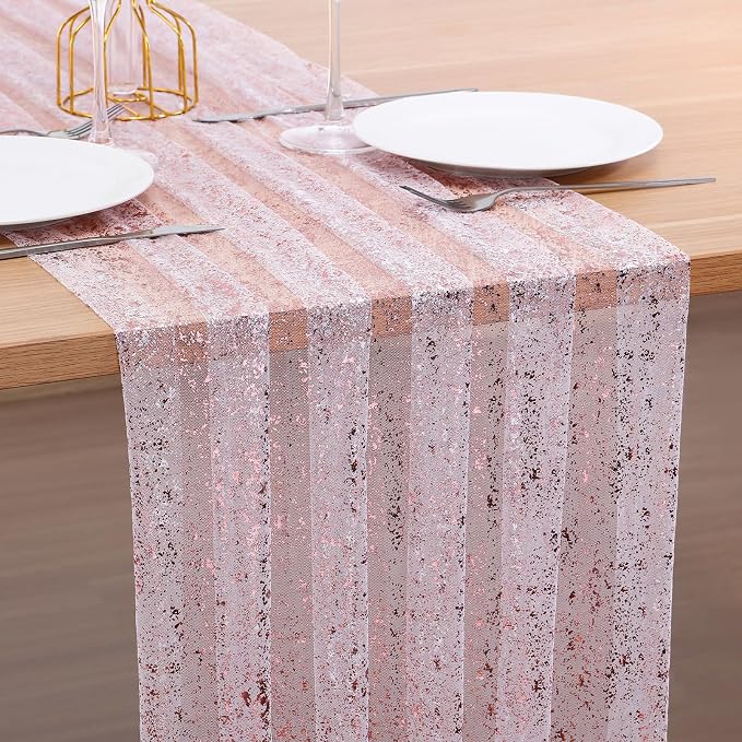 BINBE 3PCS Rose Table Runner 10Ft Sheer Chiffon Fabric Cheesecloth Sequin Glitter Table Runner for Wedding Birthday Party Decor