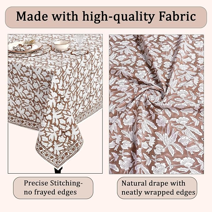 Ridhi Oak Brown Hand Block Print Cotton Rectangle Tablecloth 120" x 80" inches Reusable Table Cover Decorative Everyday Use for Dining Room, Farmhouse, Home Gift for Spring, Mother's Day