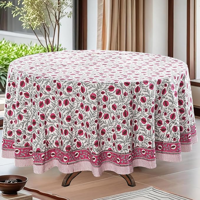 Ridhi Round Tablecloth Hand Block Print 100% Cotton Reusable Sangria Red 132 Inch Table Cover Decorative Everyday Use for Dining, Home, Party, Wedding, Farmhouse, Party Gift for Spring, Mother's Day