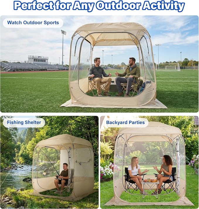 DIAMONDFORGE Pop Up Sports Tent 5x5 FT, Portable Clear Tent with Removable Top Cover for 2-3 Person, Instant Setup, Spacious BubbleTent for Outside, Patio and Outdoor Activities, Beige