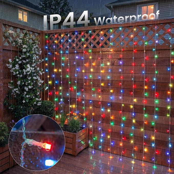 HEYFUNi Smart RGB-IC Curtain Lights Plug in App Control, 8.2x6.6ft 280 LED | Waterfall Lights with Music Sync, Warm White & Color Changing Curtain Lights with 2.4G Remote, DIY Modes for Bedroom Party