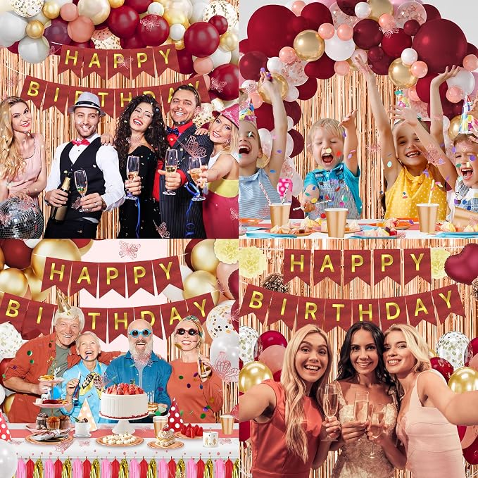 Burgundy Happy Birthday Decorations for Women,296pcs Burgundy Balloons Birthday Decorations for Girl Kit Disposable Dinnerware Set with 25 Guest, Balloons, Banner, Fringe Curtain,Butterfly Decorations