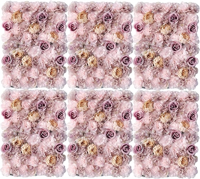 3D Flower Wall Backdrop 6 Pack, 24x16 Inch Coffee & Pink Artificial Rose Panels for Wedding, Party, Photo Studio, Home & Fence Decor
