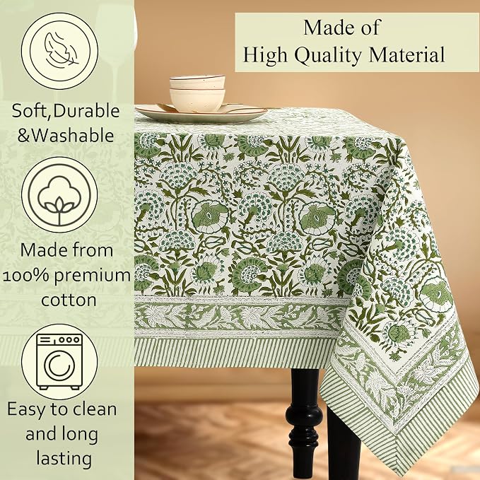 CPC Block Print Tablecloth Agate Green 120"x80" Rectangular 100% Cotton Reusable Table Cover, Everyday Decorative Table Cloth Use for Dining, Farmhouse, Home Gift for Spring,Summer