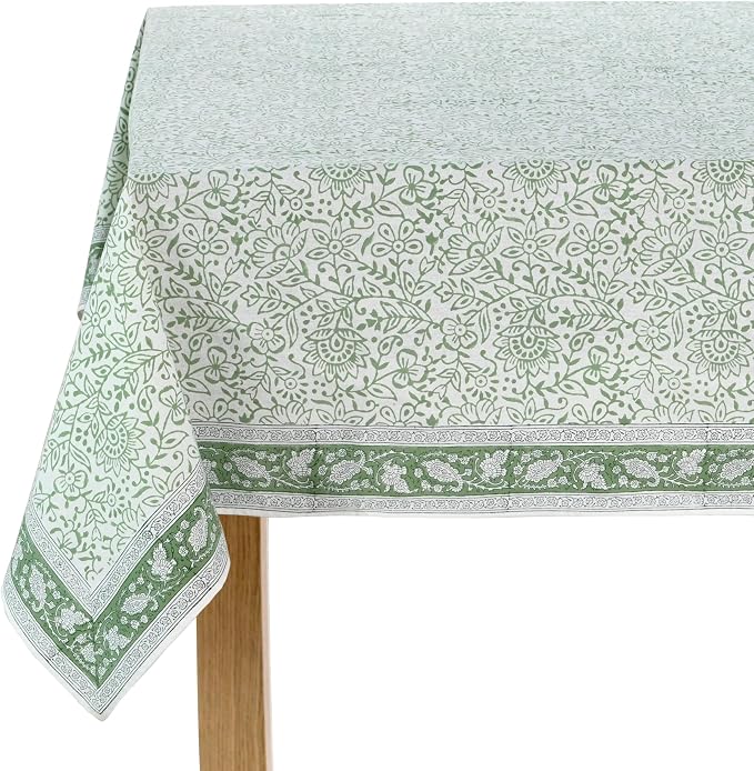 Ridhi Green Jal Hand Block Print Cotton Rectangle Tablecloth 160" x 72" inches Reusable Table Cover Decorative Everyday Use for Dining Room, Farmhouse, Home Gift for Spring, Mother's Day