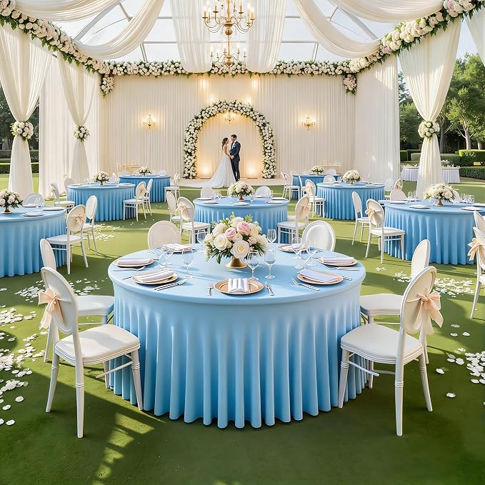 6 Pack Baby Blue 60 inch Round Spandex Tablecloth,Wrinkle-Free Stretchy Fitted 5FT Round Tables,Elastic Edge with Skirt,Washable Tablecloths for Wedding Banquet Party Birthday Buffet