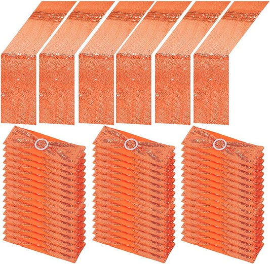 Newwiee Sequin Chair Sashes and Table Runners, Sequin Chair Bows, Glitter Table Runners for Birthday Party Wedding Banquet Holiday Decorations (Orange,54 Pcs)