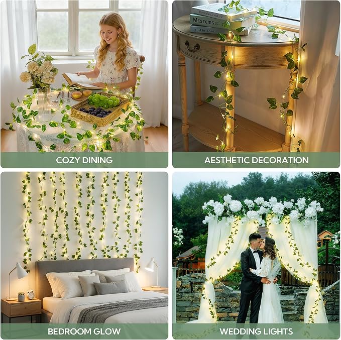 HEYFUNi 23ft Pre-Wrapped Pothos Vine with Fairy Lights USB Battery Operated | 73 LEDs Artificial Greenery Garland with Timer, Leaves Lights for Bedroom, Dorm Room, Wall Decor, Boho Room Decor, Warm White