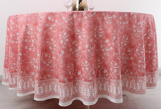 Ridhi Round Tablecloth Hand Block Print 100% Cotton Reusable Sweet Pink 60 Inch Table Cover Decorative Everyday Use for Dining, Home, Party, Wedding, Farmhouse, Party Gift for Spring, Mother's Day