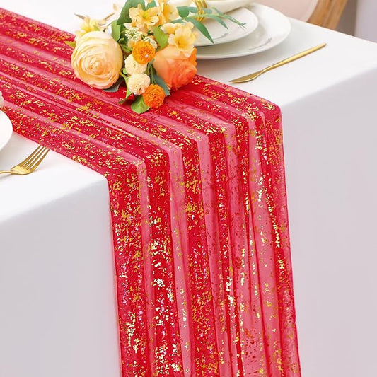 Snowkingdom Red Gold Table Runner Gauze 10FT Sparkly Sequin Glitter Sheer Chiffon Cheesecloth Runner 120 Inch Home Party Decorations for Wedding Anniversary Birthday Graduation Christmas Holiday