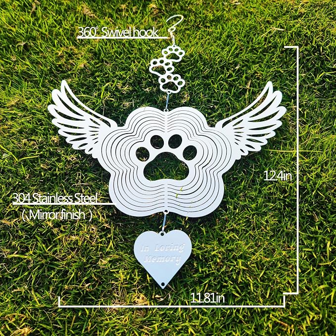 Pet Memorial Wind Spinners, Dog Memorial Gifts,Stainless Steel Angel Wings Pet Paw Print,Dogs and Cats Remembrance, Pet Sympathy,Pet Loss Bereavement Gifts