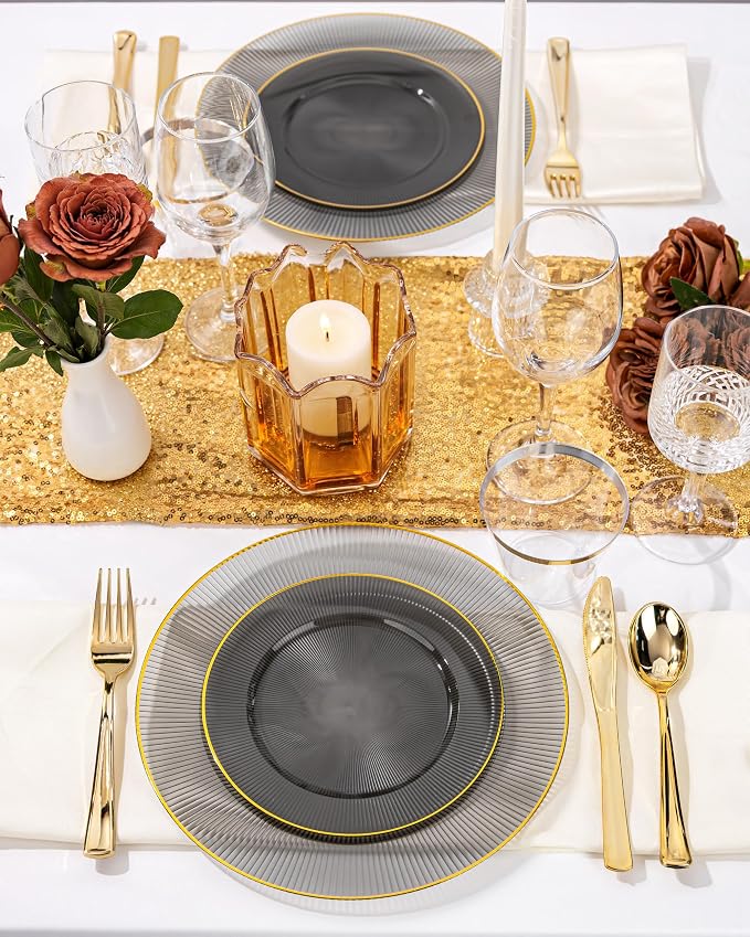 Hioasis 60pcs Black and Gold Plastic Plates - Black Disposable Dinnerware Set, 30pcs Dinner 10in & 30pcs Dessert 7in Plates with Striped Designs for Party & Wedding