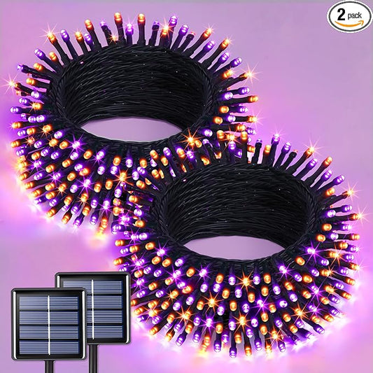 JMEXSUSS 2 Pack Solar String Lights Outdoor Waterproof, Total 400 LED 151FT Solar Christmas Lights Outdoor, 8 Modes Christmas Light for Outside Patio Yard Tree Decorations, Orange and Purple