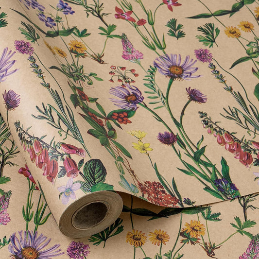 RUSPEPA 30" X 32.8' Wildflower Floral Wrapping Large Kraft Paper Roll for Women, Jumbo Roll, Herbal Kraft Wrapping Paper for Christian Gifts, Birthdays, Weddings, Bridal Shower, Engagement, 82 sq.ft