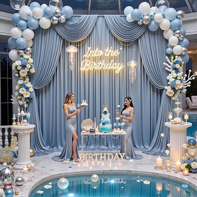 50ft x 15ft Dusty Blue Backdrop Curtains for Wedding Parties, 10 Panels Extra Long Wrinkle Free Fabric Drapes Photo Backdrop for Baby Shower Birthday Stage Reception Lobby Decoration