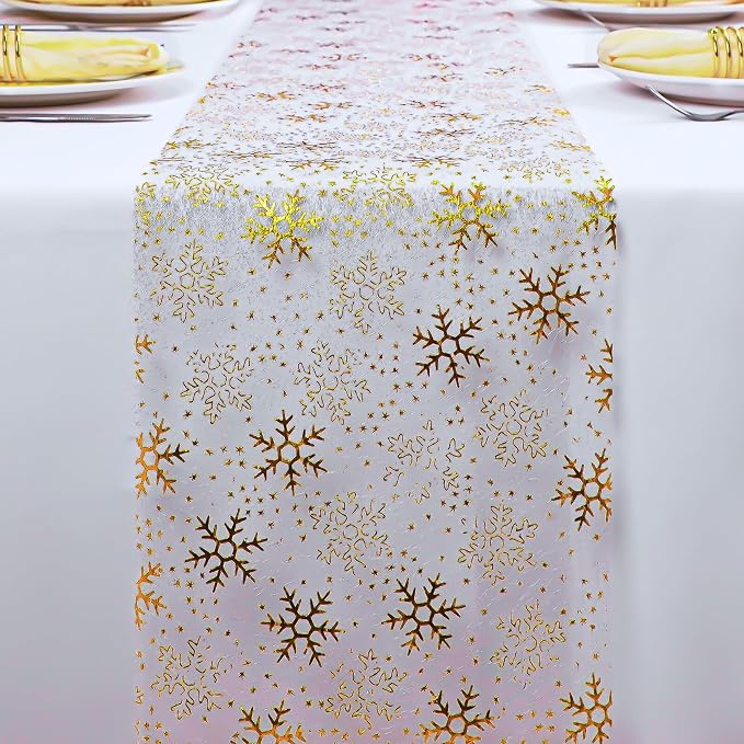 Snowkingdom 2 Pcs Christmas Snowflake Gold Table Runner Sparkly Golden Metallic Foil Runners Decorations Glitter for Winter Festival Holiday Home Party Seasonal