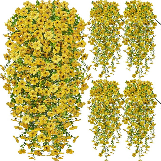 Artificial Hanging Flowers for Outdoors Spring Summer Decoration, 4PCS UV Resistant Silk Fake Hanging Plants for Patio Porch Front Yard Window Garden Indoor Decor(Yellow,4PCS)