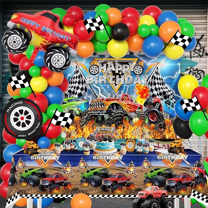 Monster Truck Birthday Decorations for Boys, Extreme Off-Road Racing Party Supplies Include "Happy Birthday" Backdrop, Balloon Arch Garland, Tablecloth, Cake Toppers, Truck and Tire Foil Balloons