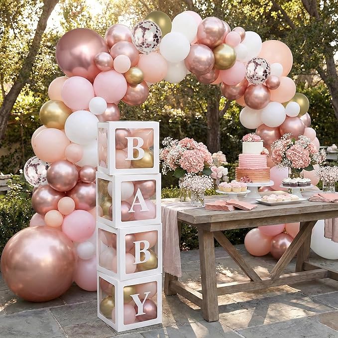 144Pcs Rose Gold Baby Shower Decorations for Girl - Pink Balloon Garland Arch Kit with 4 Baby Boxes - Metallic Gold Confetti Balloons for Princess Birthday, Bridal Shower Background