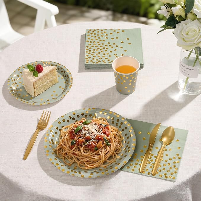 Goodlluck 175PCS Sage Green Gold Foil Polka Dot Disposable Party Tableware Set, 25 Guests | 9" & 7" Golden Dot Disposable Paper Plates, 9oz Cups, Napkins & Gold Cutlery for Baby Shower Birthday