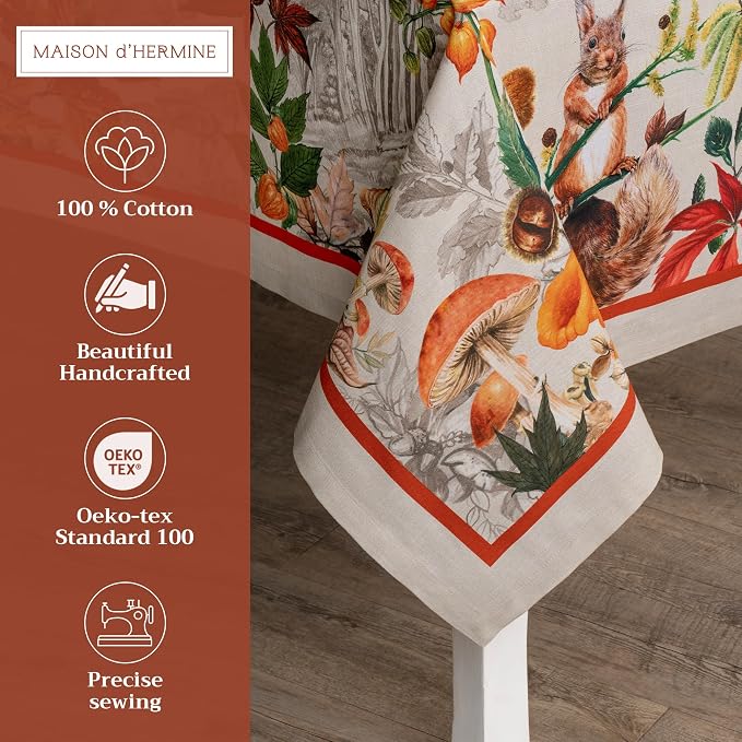 Maison d' Hermine Table Cloth Rectangle Table 100% Cotton 70 x 108 Inches Fall Tablecloth Reusable Everyday Use for Thanksgiving Christmas Decorations Dining Farmhouse Party (Recolte)