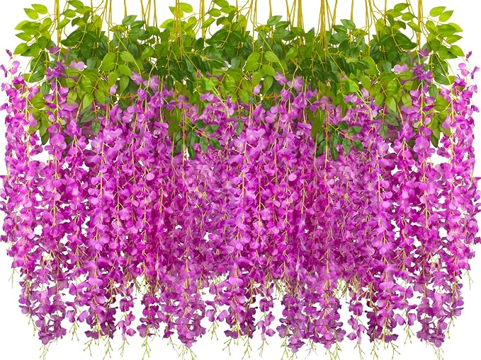 AITISOR 24 Pack Artificial Fake Wisteria Vine Ratta (3.75 Feet) Hanging Garland Silk Flowers String Home Party Wedding Decor(Purple)