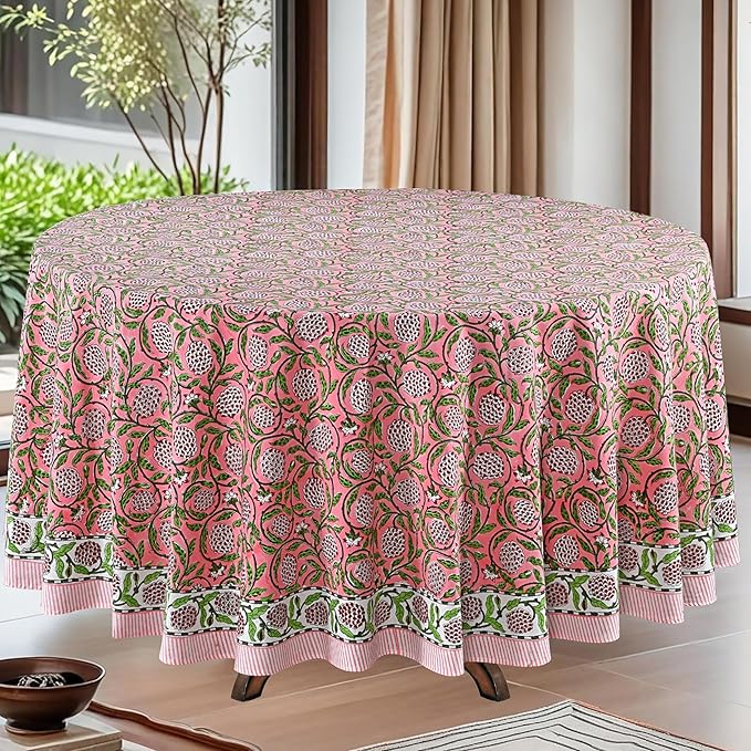 Ridhi Round Tablecloth Hand Block Print 100% Cotton Reusable Strawberry Pink 90 Inch Table Cover Decorative Everyday Use for Dining, Home, Farmhouse Gift for Spring, Mother's Day
