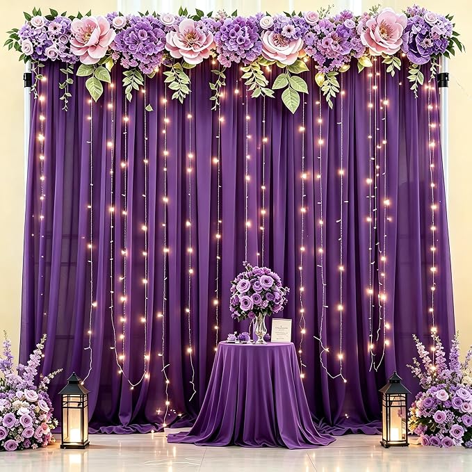 20 x 10ft Purple Chiffon Backdrop Curtain with Lights String for Parties,4 Panels Sheer Tulle Curtain Wedding Backdrop for Baby Shower Birthday Party Ceremony Reception Home Decorations